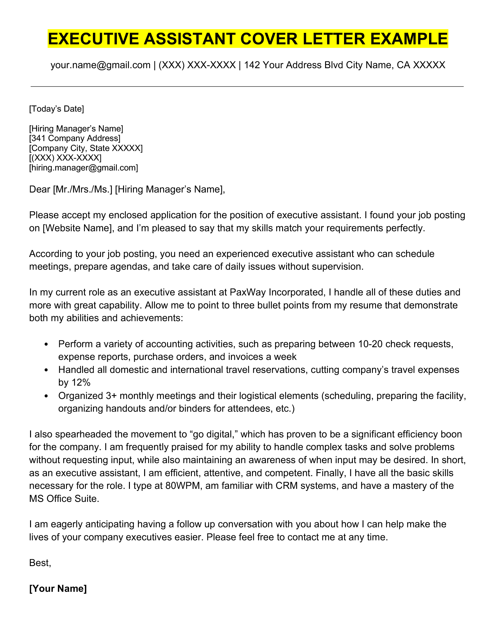 Executive Assistant Cover Letter Example Template