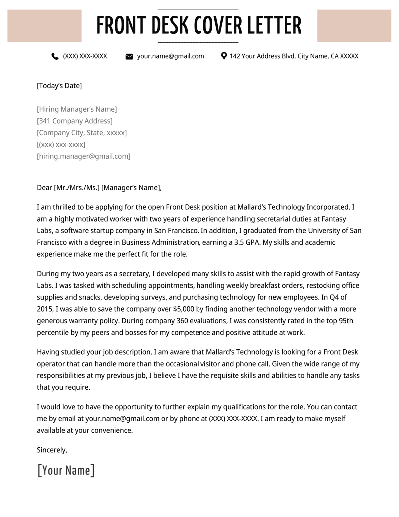 A front desk cover letter example with a professionally designed header to help the applicant stand out