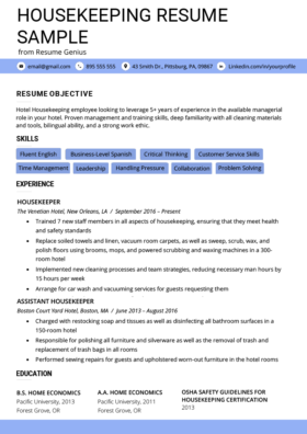 Entry-Level Hotel Housekeeper Resume Sample