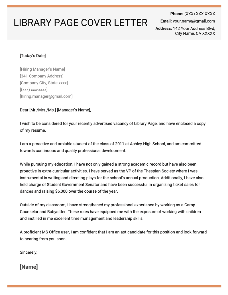 A library page cover letter example with large text in the header to help the applicant's name stand out
