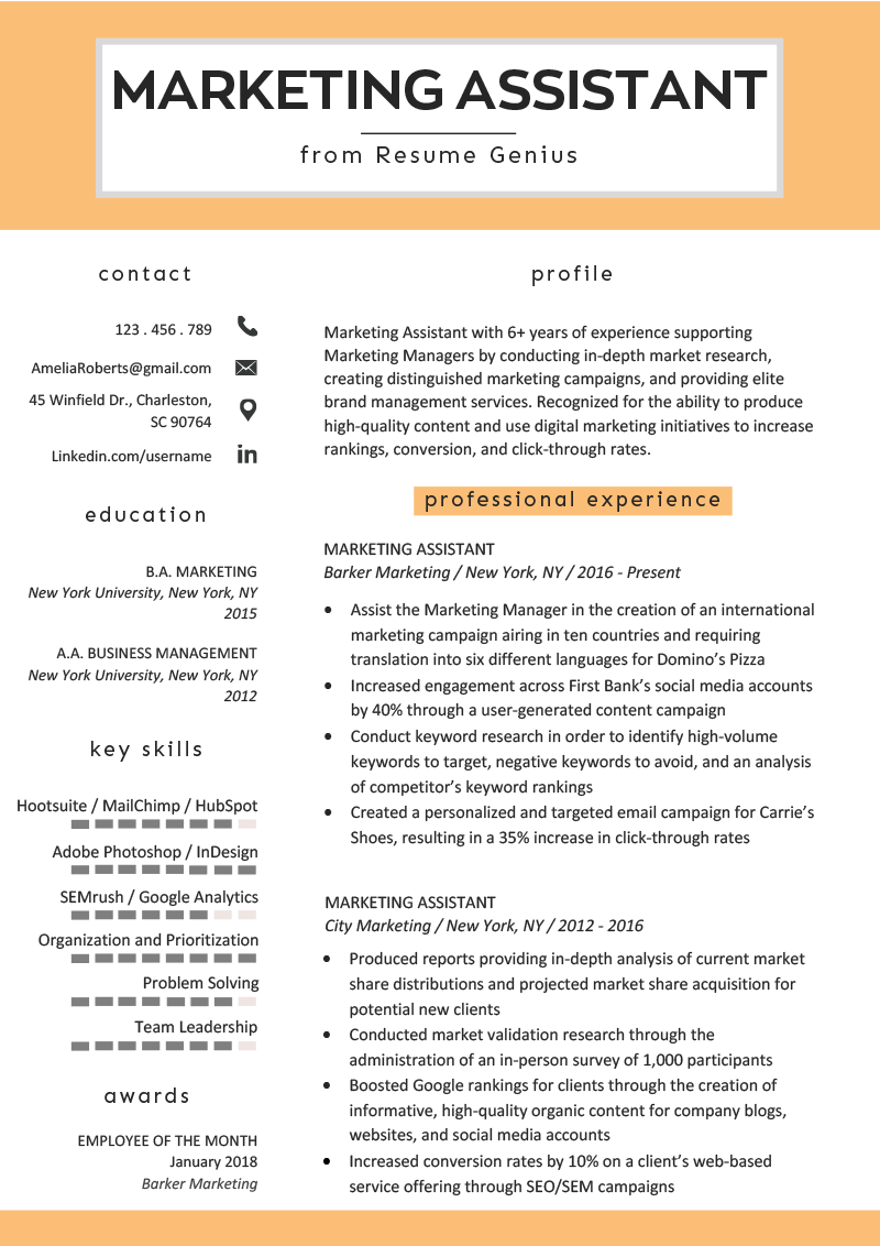 marketing assistant resume example  u0026 tips