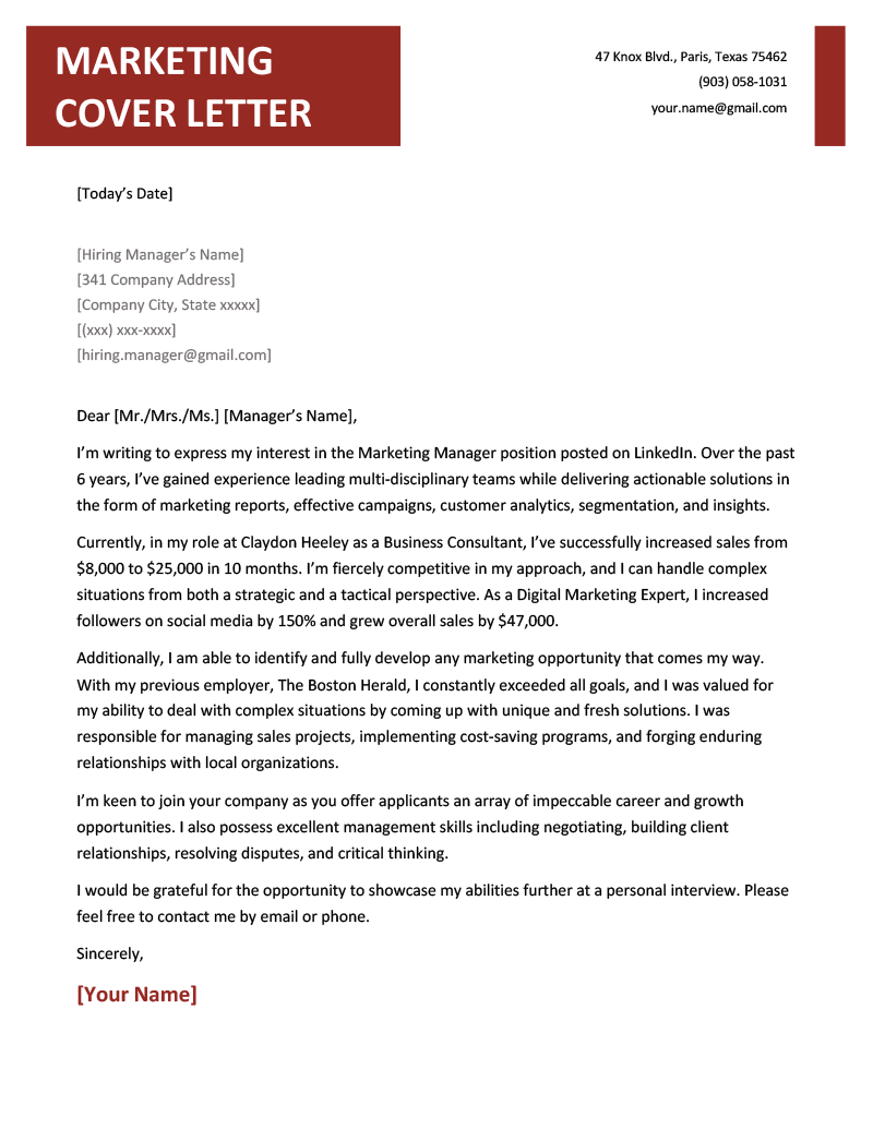 marketing cover letter example template
