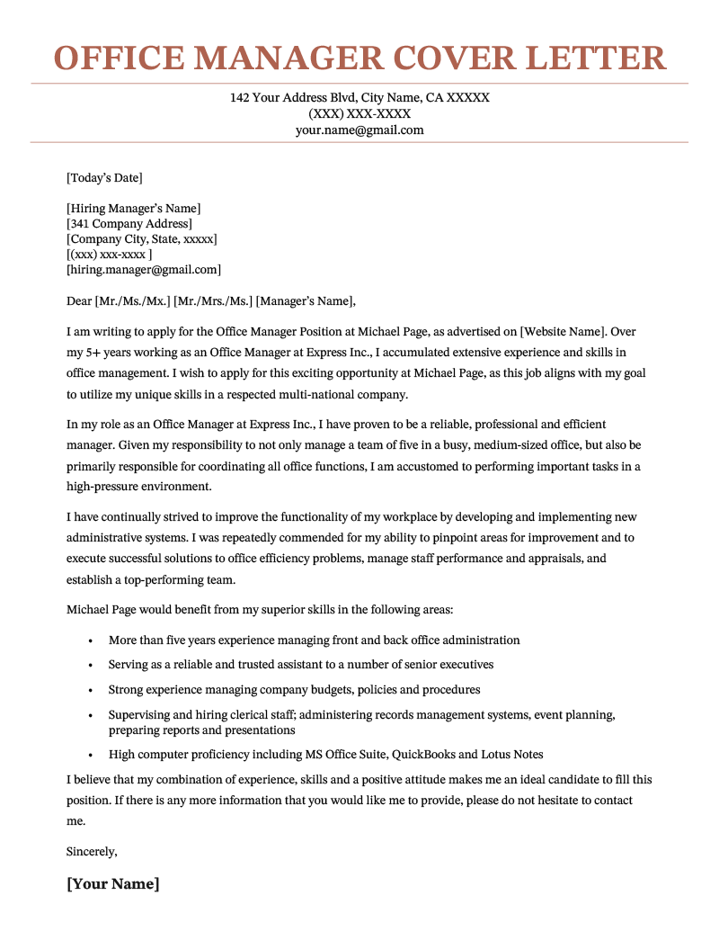 office manager cover letter example template