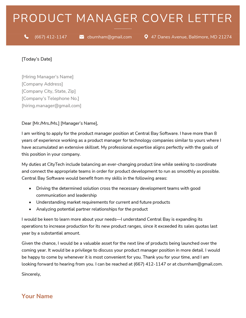 product manager cover letter sample