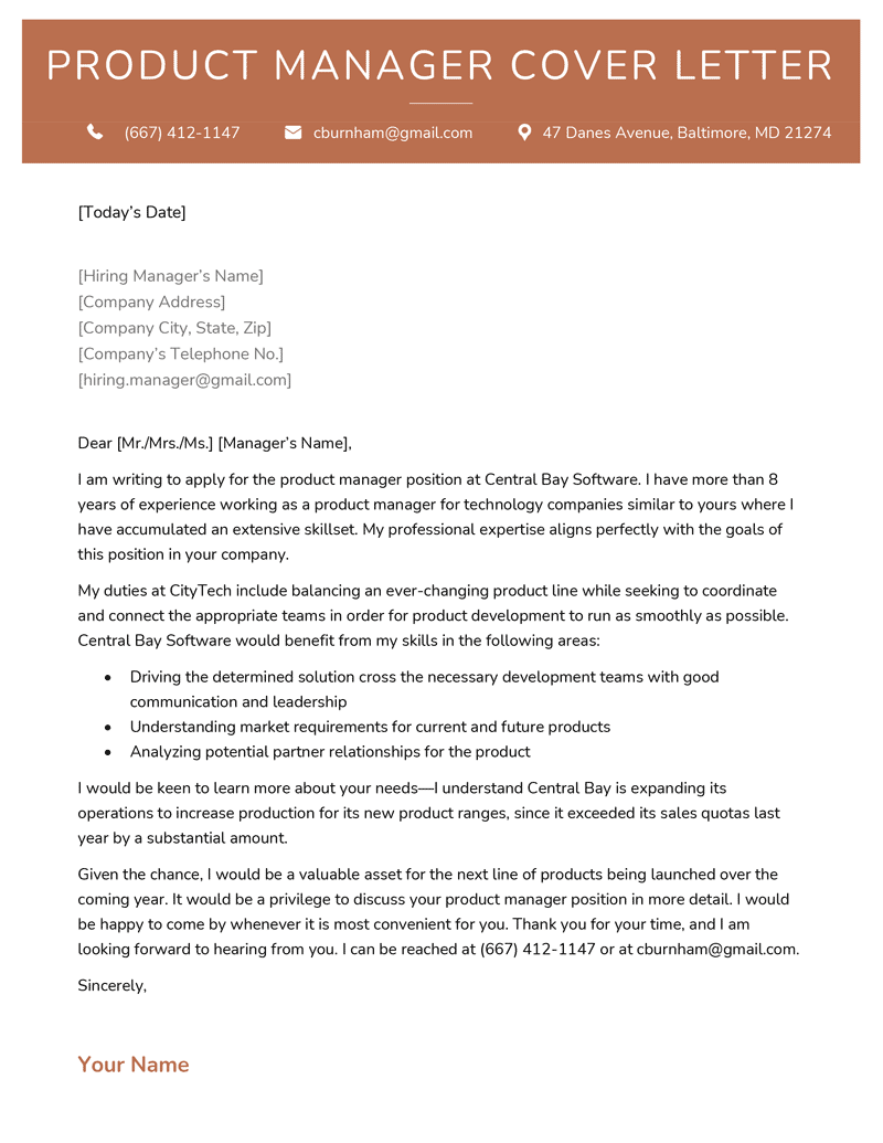 Product manager cover letter sample