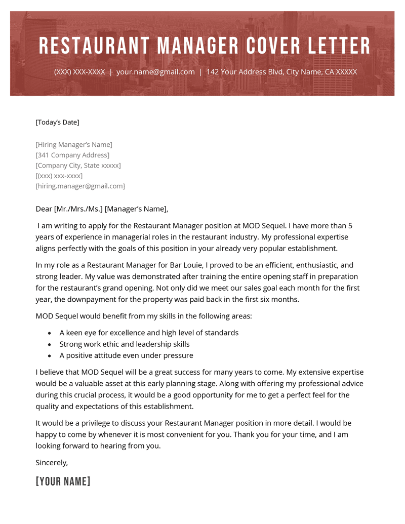 Restaurant Manager Cover Letter Sample For Download