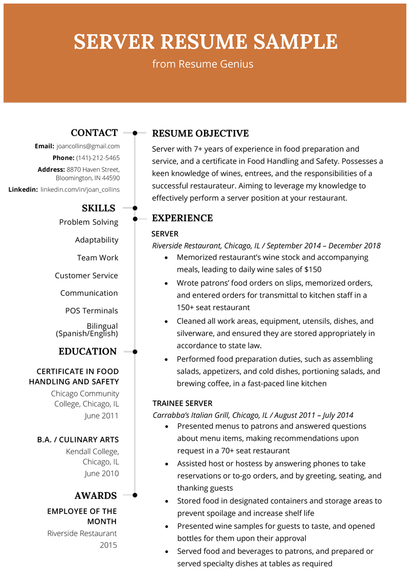 objective on resume for server