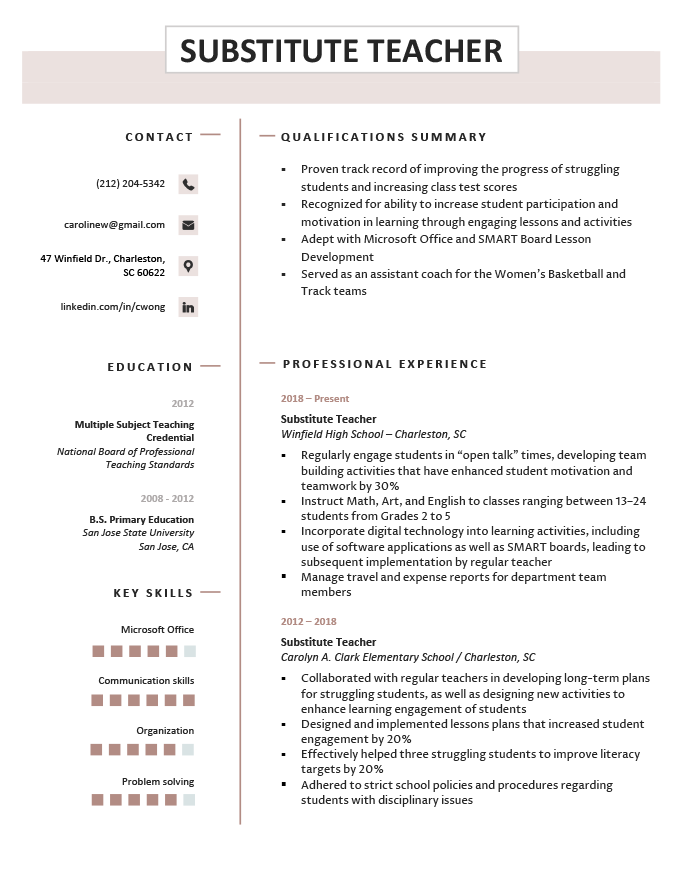 substitute teacher job duties for resume