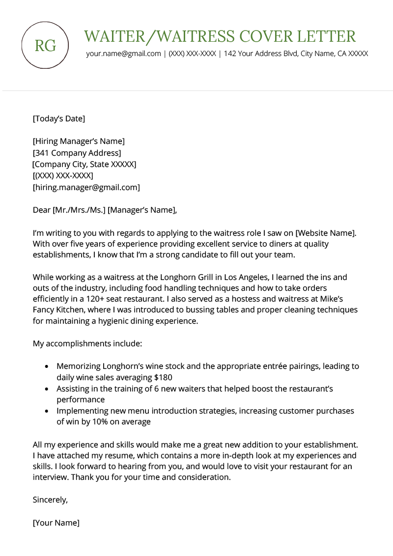 Waiter Cover Letter Template