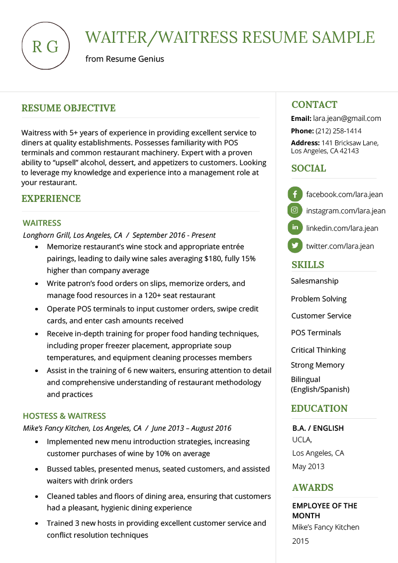 things to write on resume for waiter