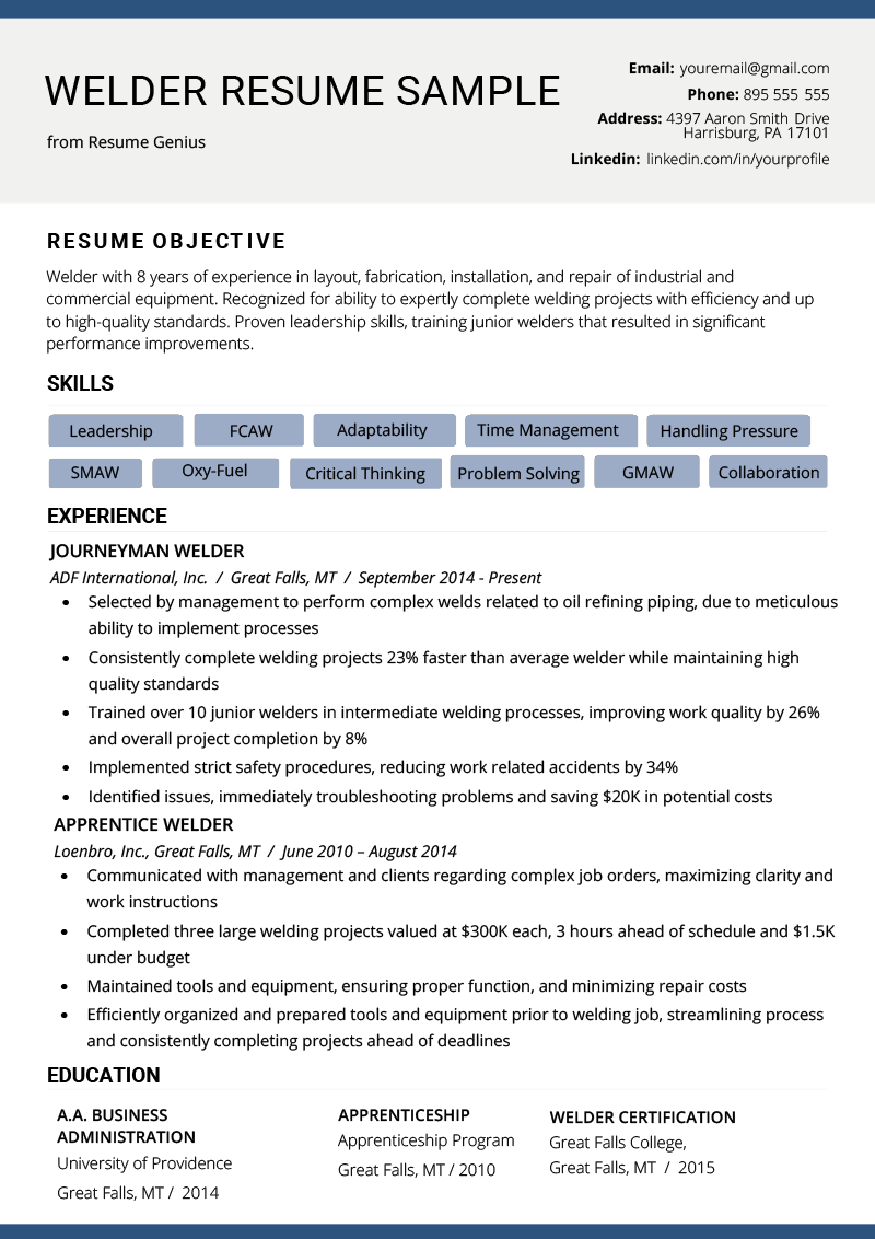 resume objective example welding