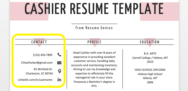 Contact information example from the cashier resume template