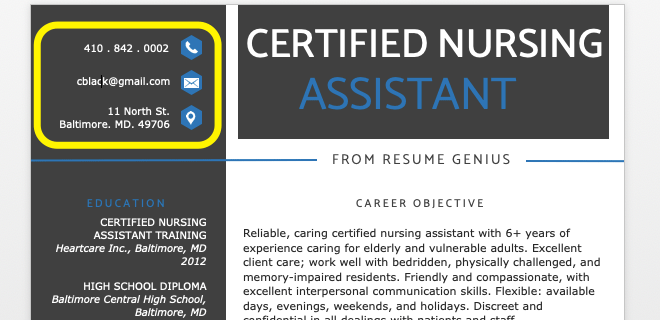 Contact information example from the certified nursing assistant resume template