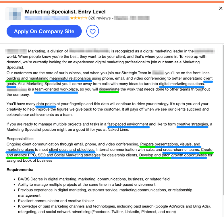 Job ad for a digital marketing specialist position, with key verbs and nouns underlined in green and blue