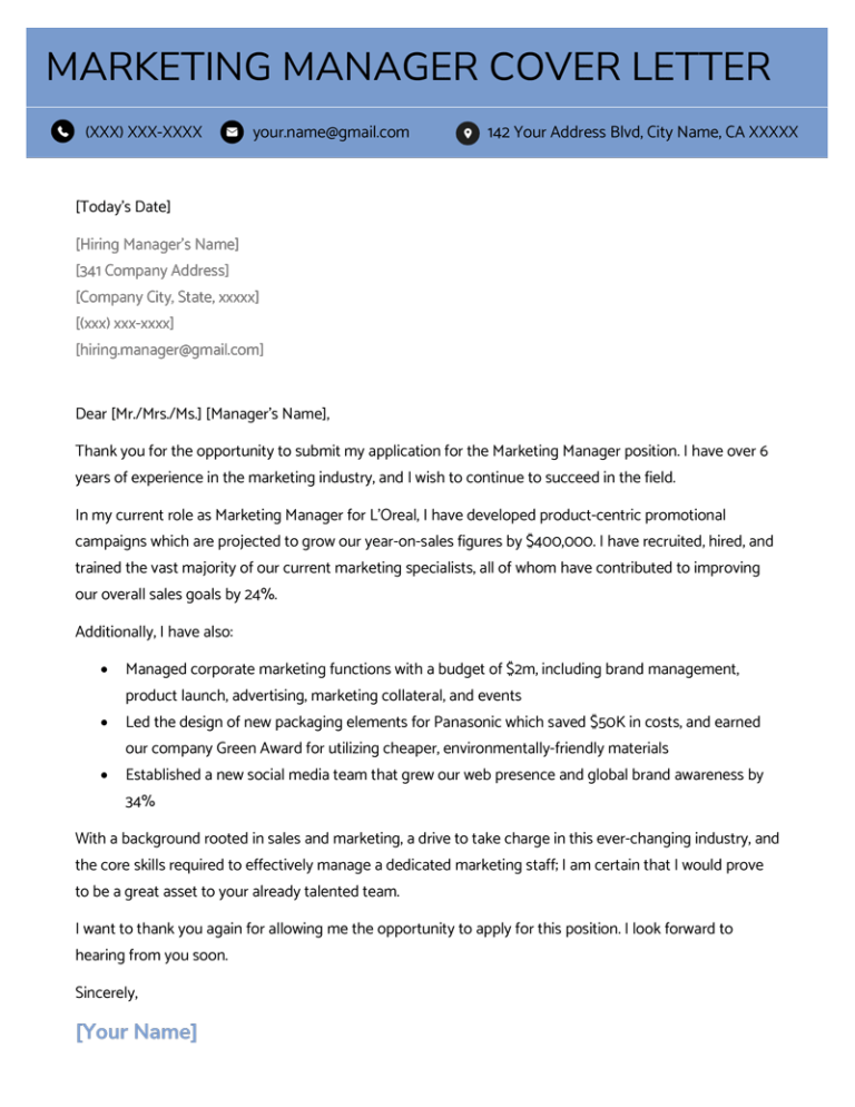 Marketing Manager Cover Letter (Example & Tips)