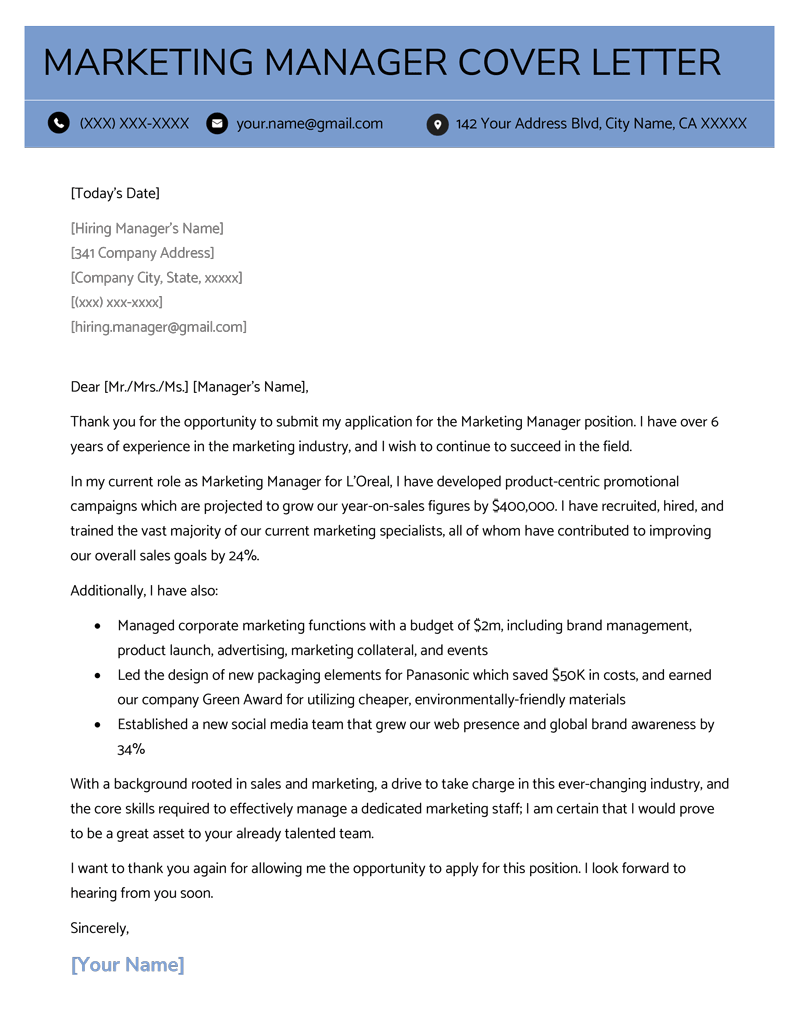 marketing manager cover letter example template