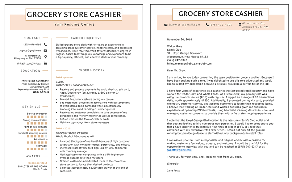 grocery store cover letter resume sample side by side screenshot