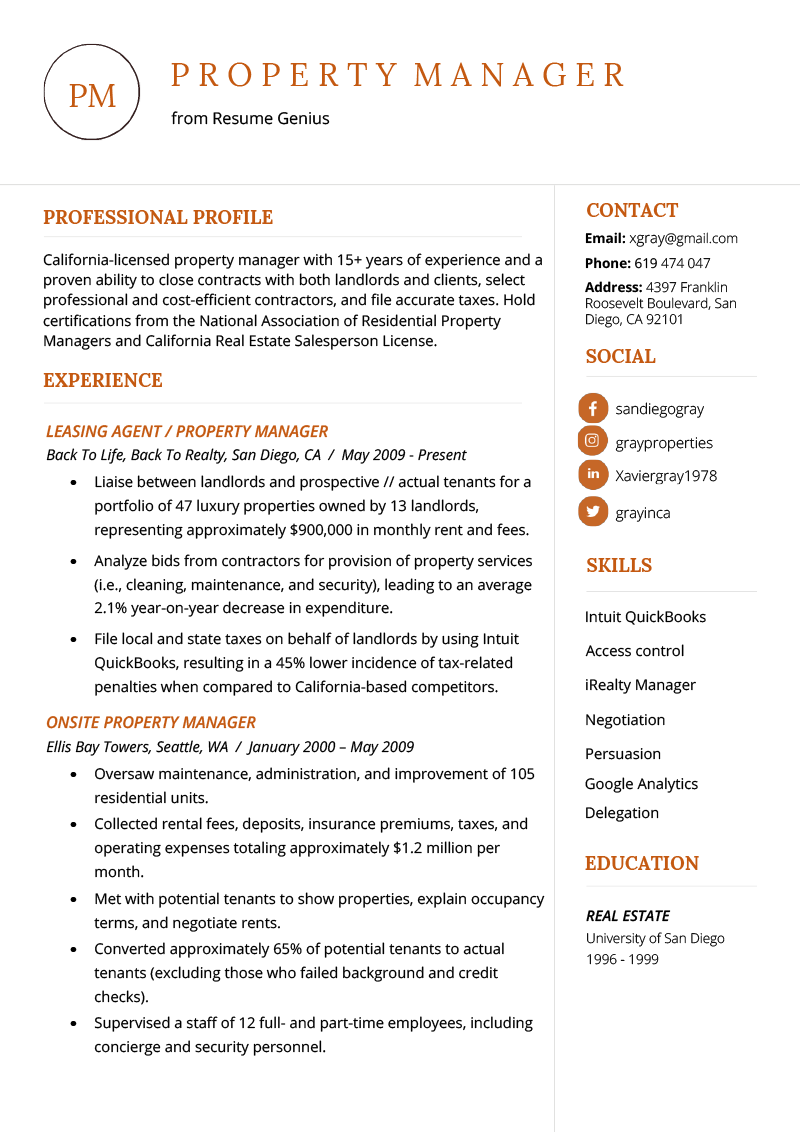 resume examples property manager