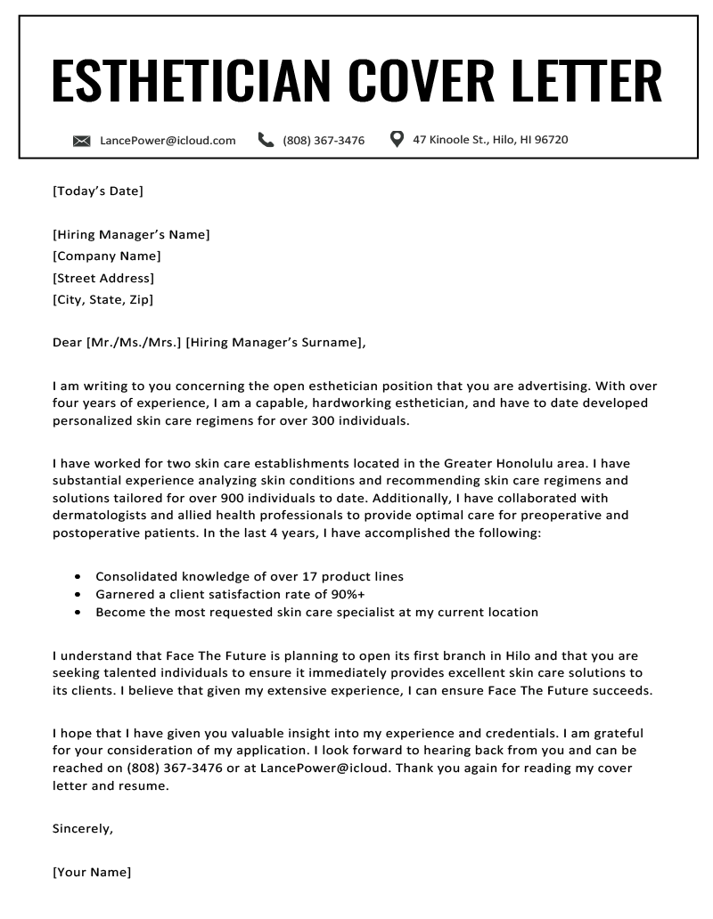 esthetician cover letter example no experience