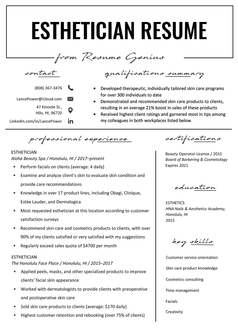 Esthetician Resume Example & Writing Tips