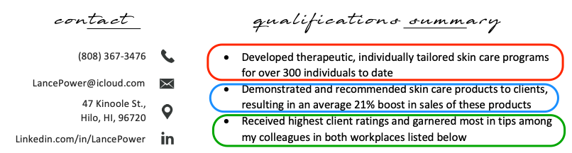 Our candidate's qualification summary with 3 statements for their esthetician resume