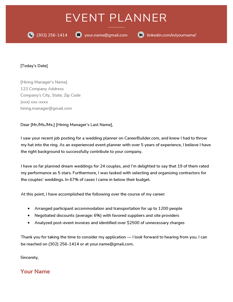 event planner cover letter example and template
