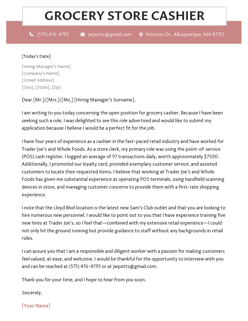 A grocery store cover letter example with a wine-colored header to make the applicant stand out