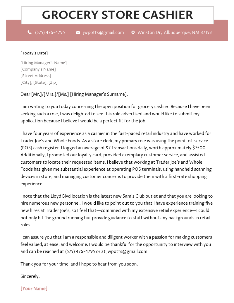 cover letter sample for grocery store