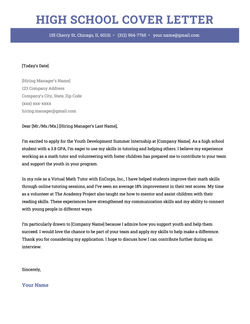 A high school cover letter example with a pink header and icons for the applicant's contact information