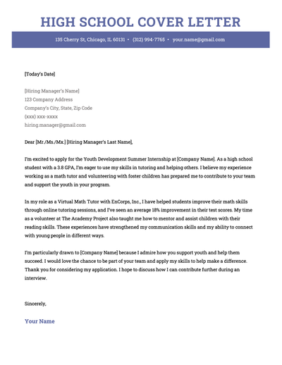 A high school cover letter example with a pink header and icons for the applicant's contact information