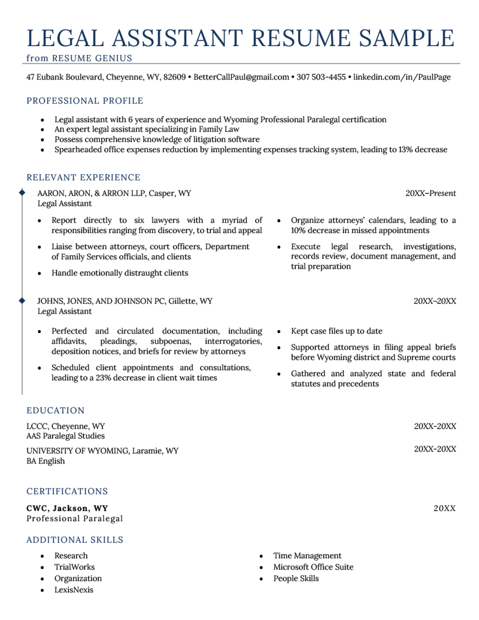 A legal assistant resume example with sections for the applicant's resume summary, work experience, education, and additional skills