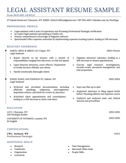 A legal assistant resume example with sections for the applicant's resume summary, work experience, education, and additional skills