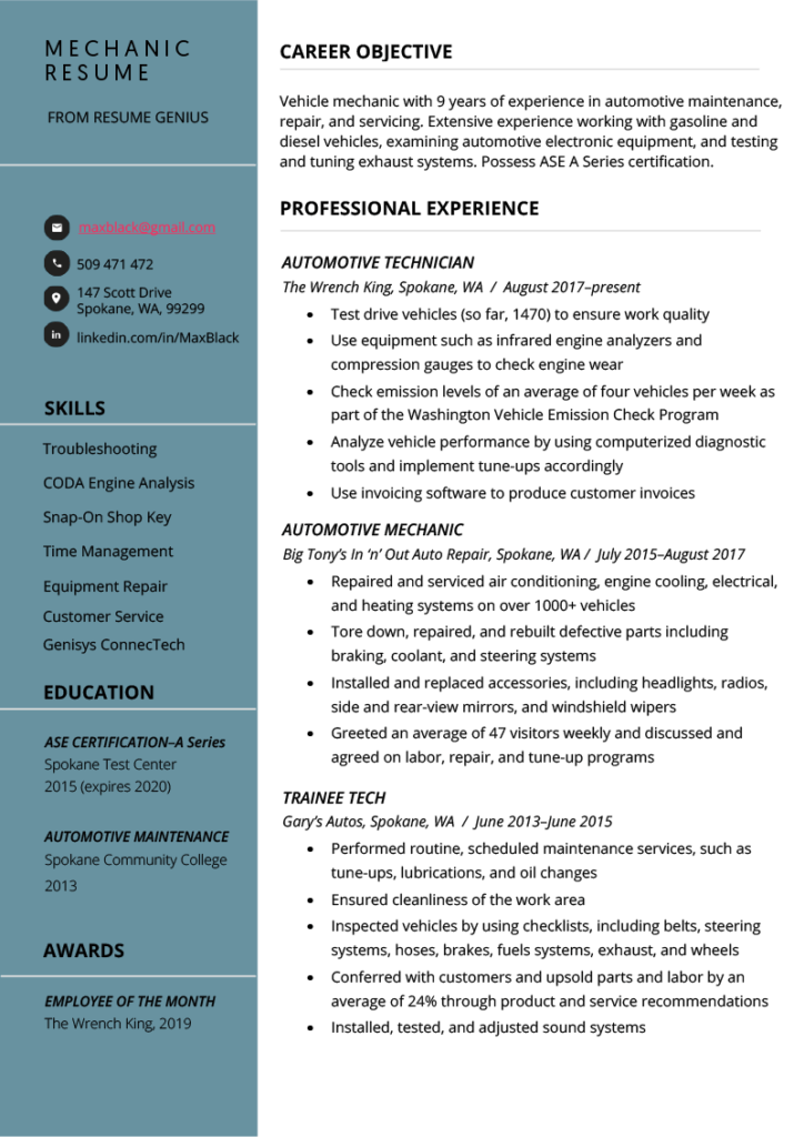 Mechanic Resume Example & Writing Tips | Resume Genius