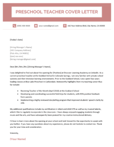 Preschool Teacher Cover Letter Example &amp; Writing Tips | Resume Genius