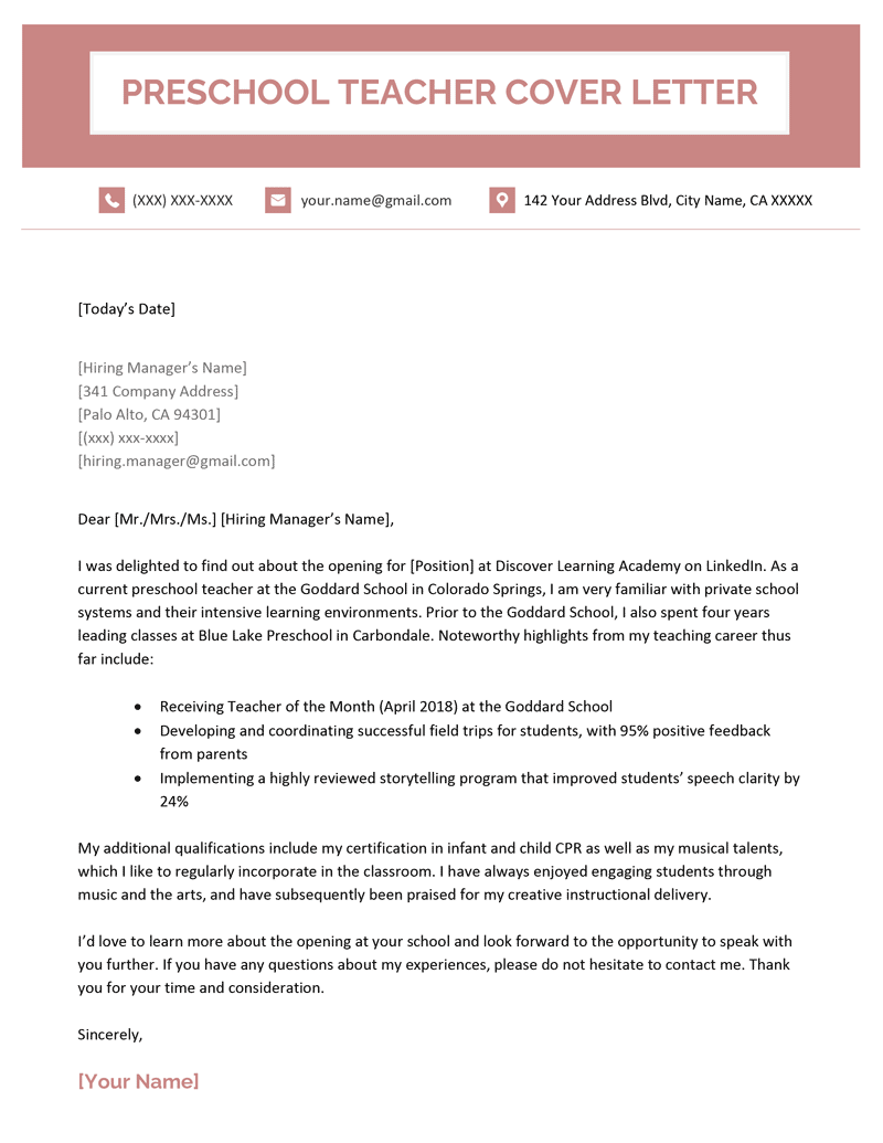 Cover Letter For Teaching Position For Your Needs Letter Template   Preschool Teacher Cover Letter Example Template 