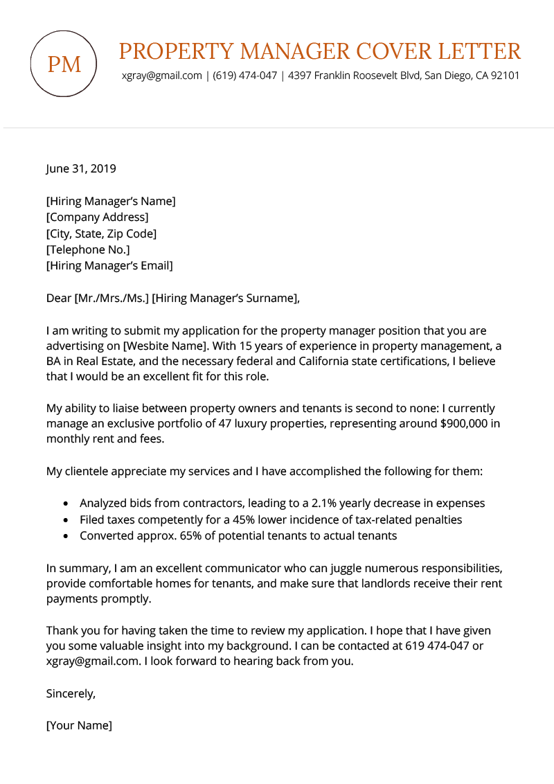 property manager cover letter sample