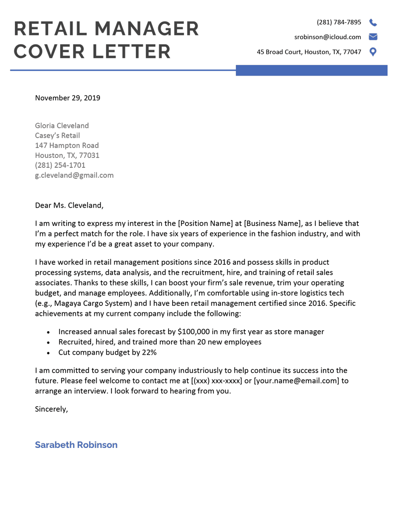A retail manager cover letter example on a template with a blue header