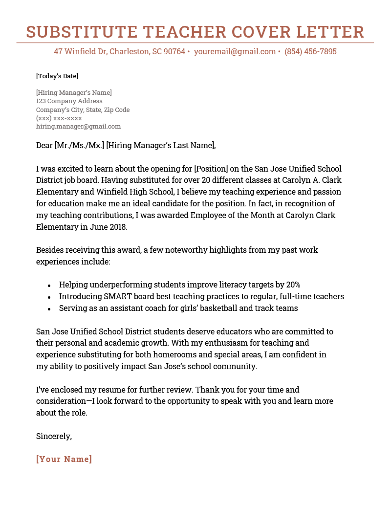 Teacher Cover Letter Template from resumegenius.com