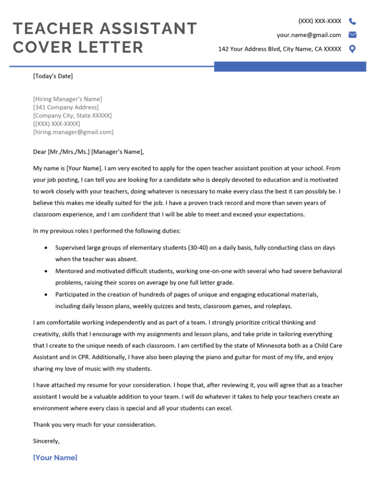 sen teaching assistant cover letter