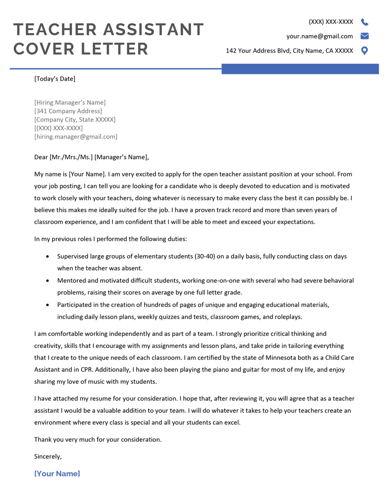 A teacher assistant cover letter example template
