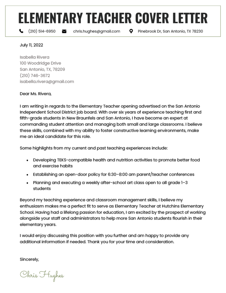 sample of cover letter for a teaching position