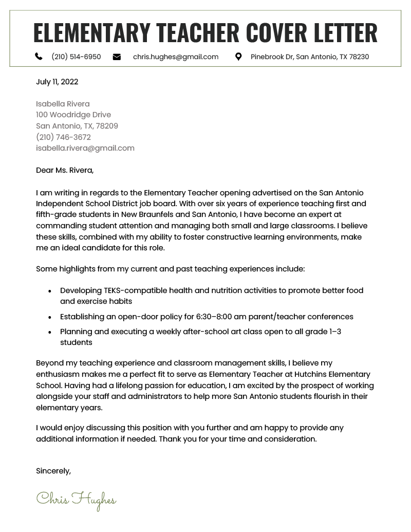 An elementary teacher cover letter example template