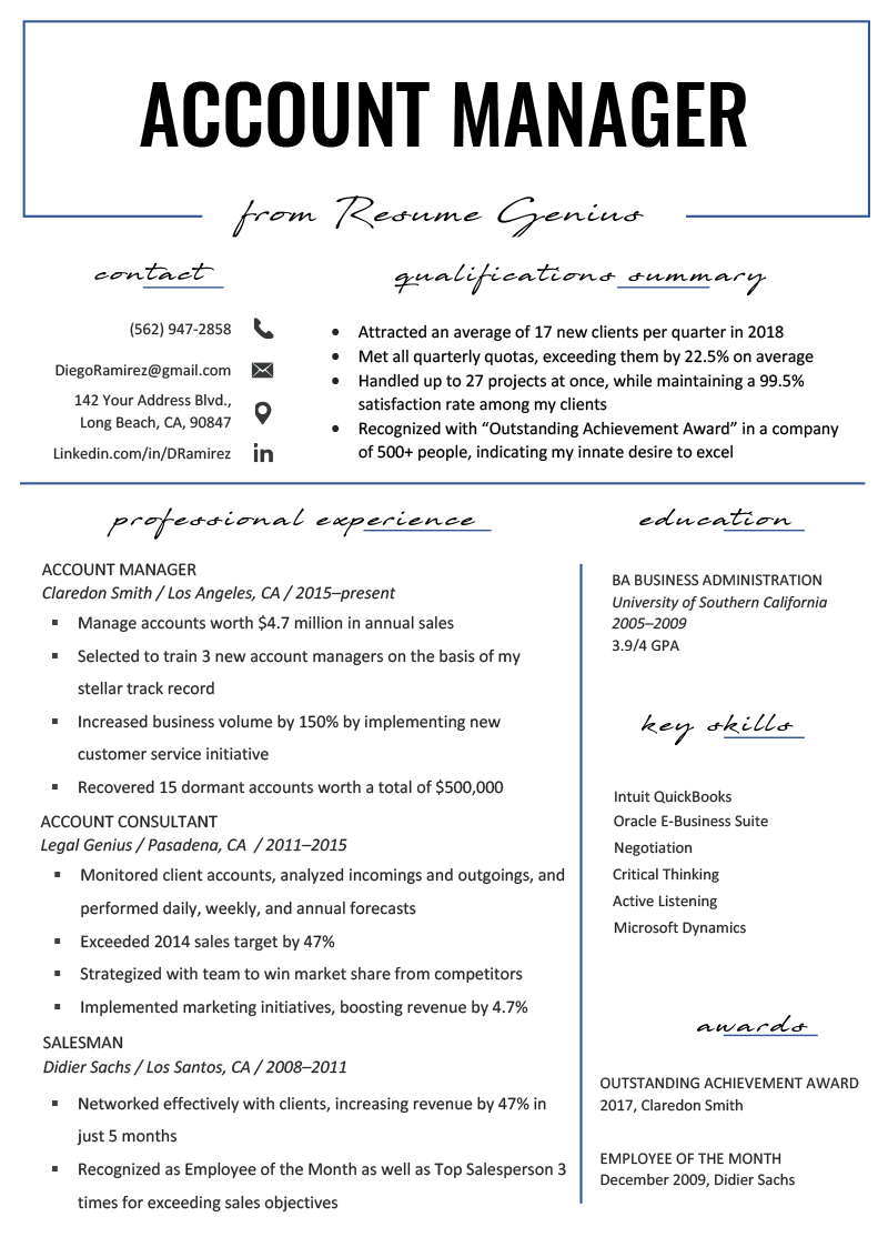 account management duties for resume