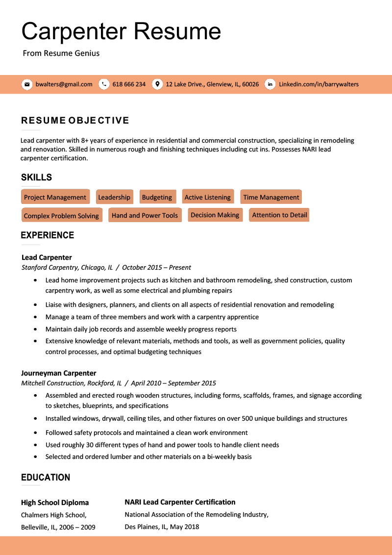 sample resume for carpentry skills