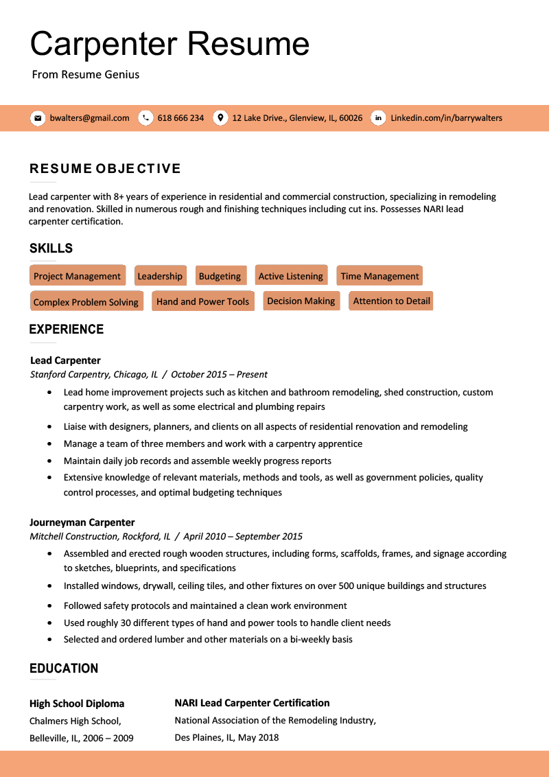 carpenter helper job description for resume