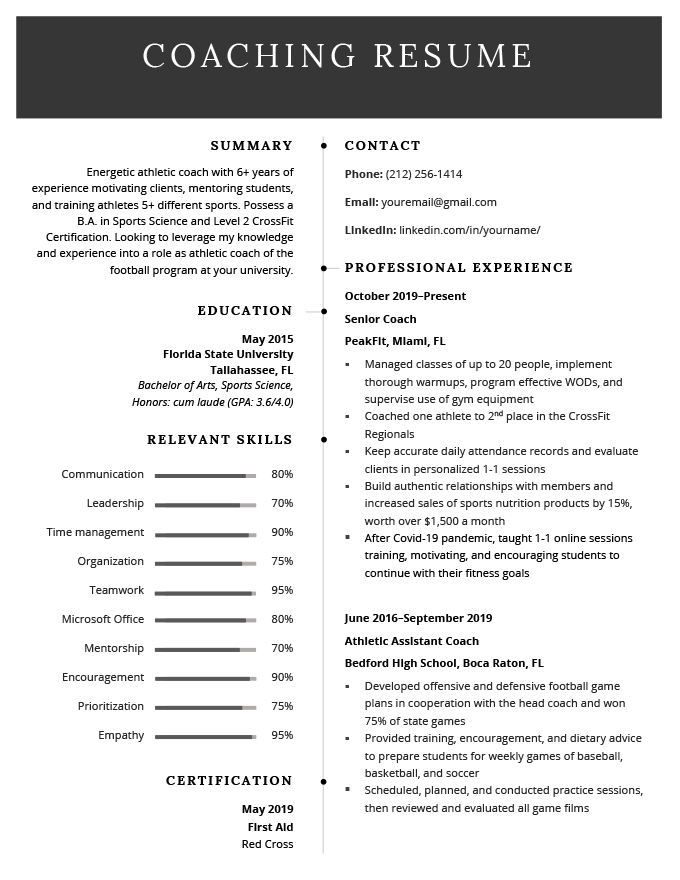 resume objective examples for coaches