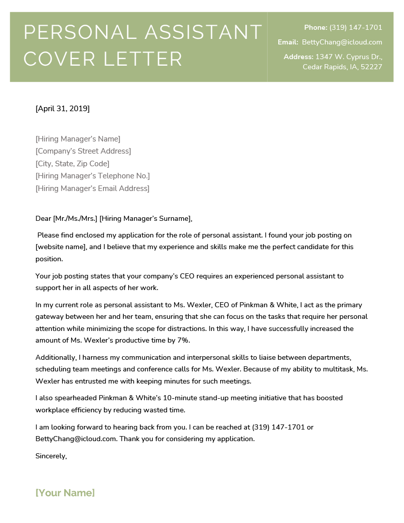 Personal Assistant Cover Letter Free Sample Resume Genius