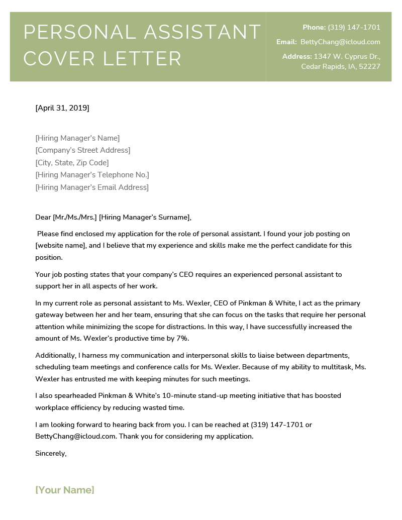 cover letter sample personal assistant