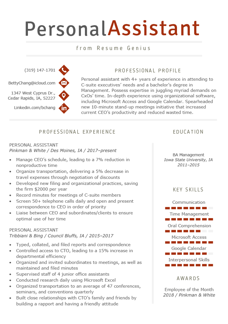 Personal Assistant Resume Sample & Writing Tips | Resume Genius