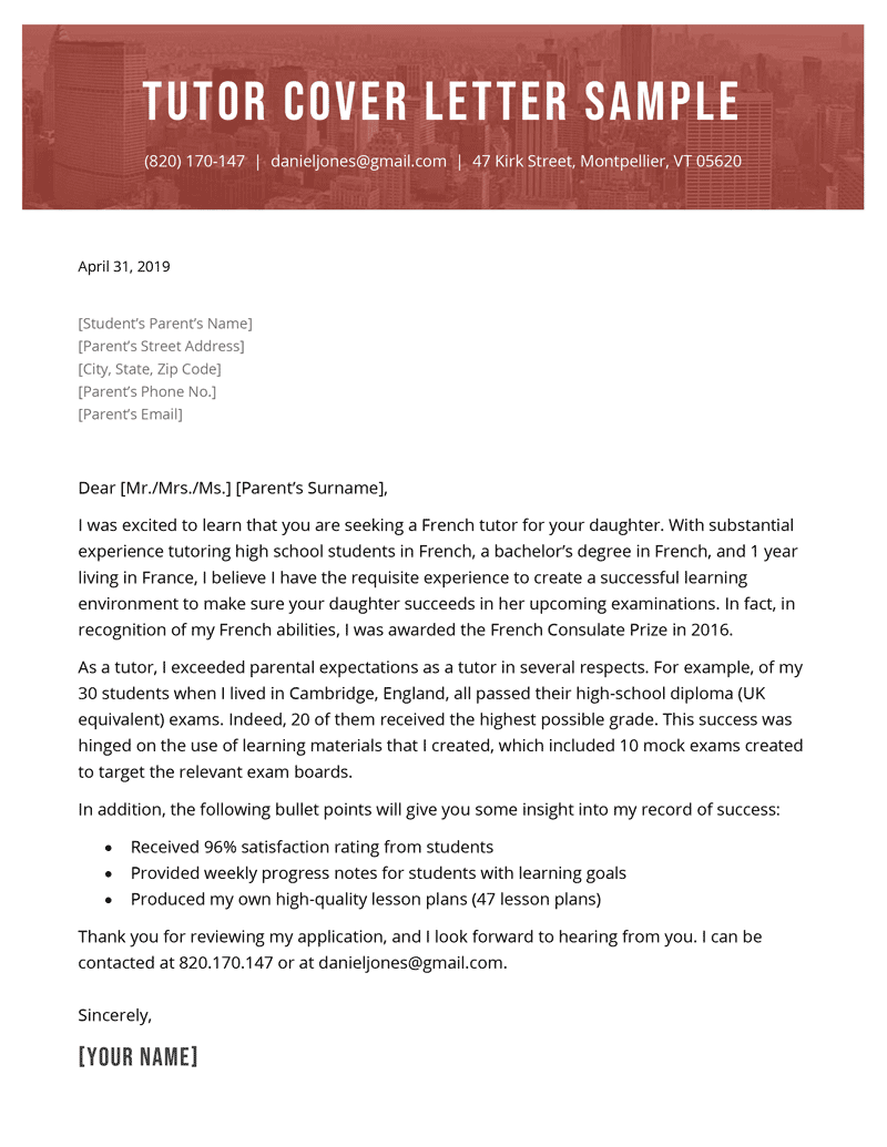 tutor cover letter example and template